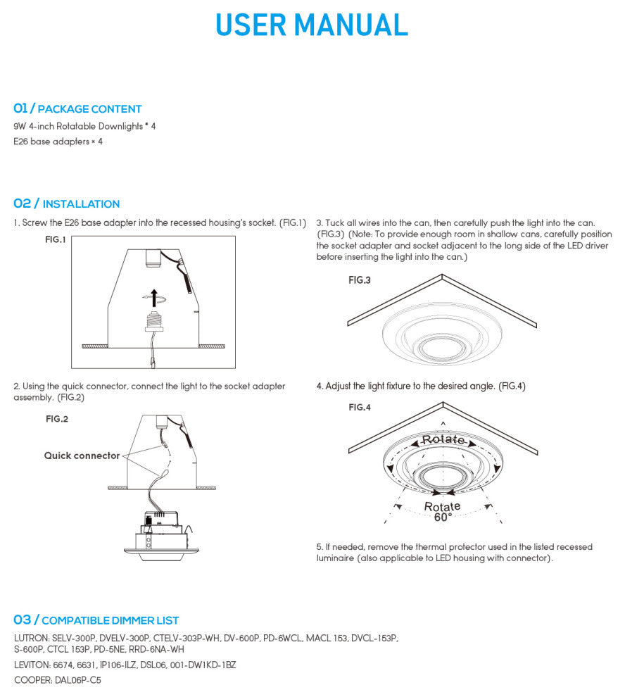 4 Pack 4" LED Gimbal Recessed Light Dimmable, ETL, 5000K Daylight