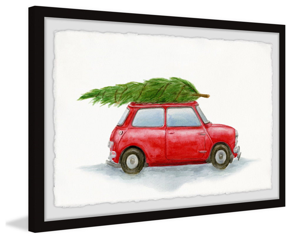 "Red Car With Green Pine" Framed Painting Print, 36x24