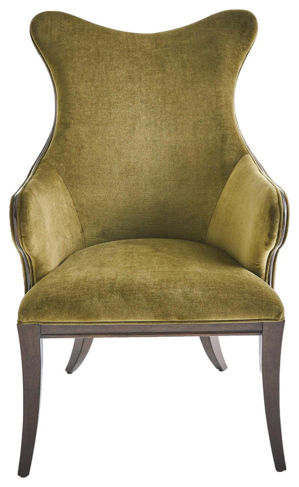 Curvy Back Moss Green Velvet Arm Chair Dark Walnut Sculpted Vintage Style