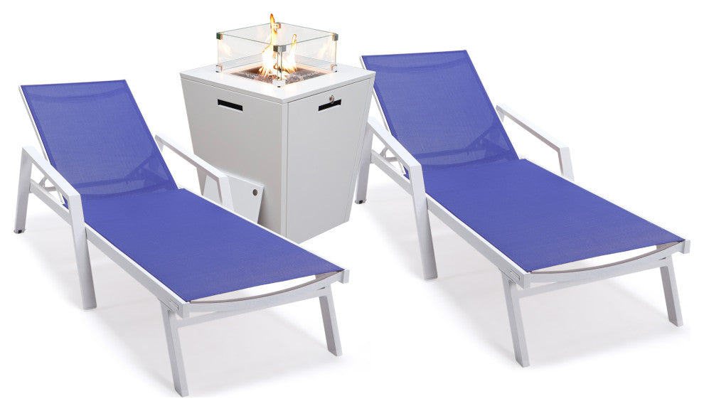 LeisureMod Marlin Chaise Lounge Set With Arms and Fire Pit Table, Navy Blue