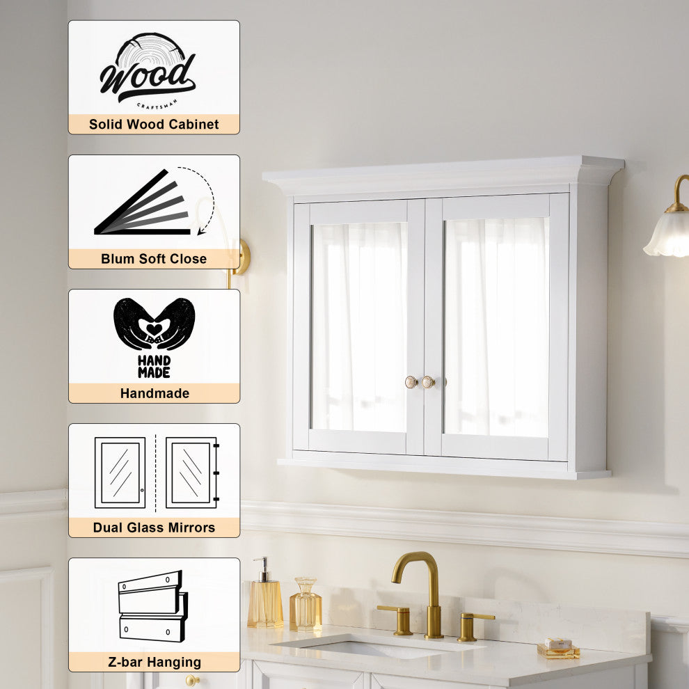 Handmade Solid Wood Medicine Cabinet with Ample Storage Space in White, 40"x30" Double Doors
