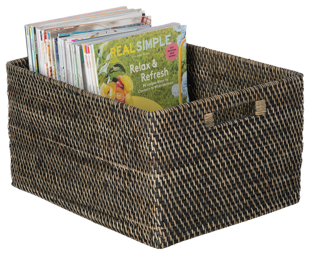 Loma Rectangular Decorative Rattan Storage Basket With Handles, Black Wash