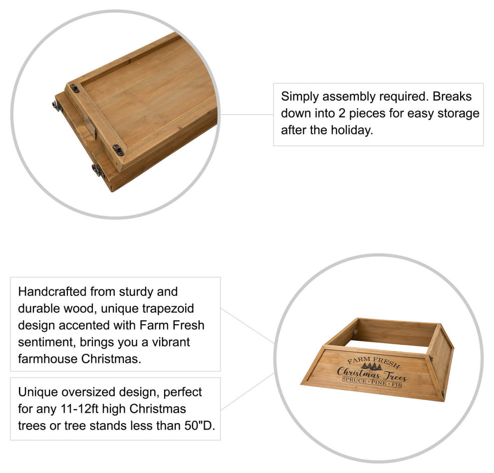 Trapezoid "Farm Fresh" Wooden Christmas Tree Collar, Natural Wood, 40"x40"