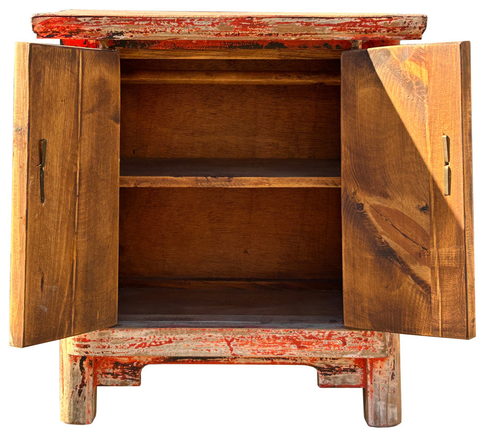 16.25" Oriental Distressed Orange Red 2 Doors End Table Nightstand Chest