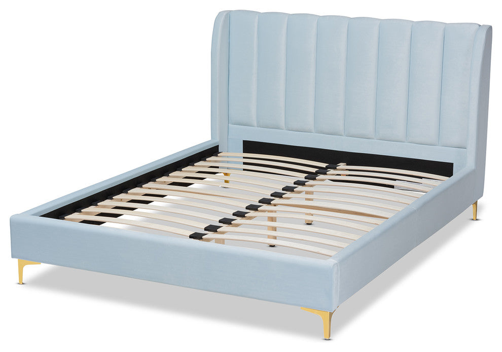 Carmen Light Blue Velvet Upholstered Queen Platform Bed With Gold-Tone Legs