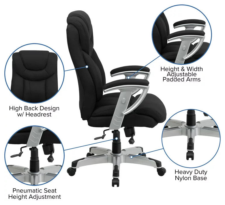 Plush Office Chair, Padded Back With Lumbar Support & Headrest, Black Fabric