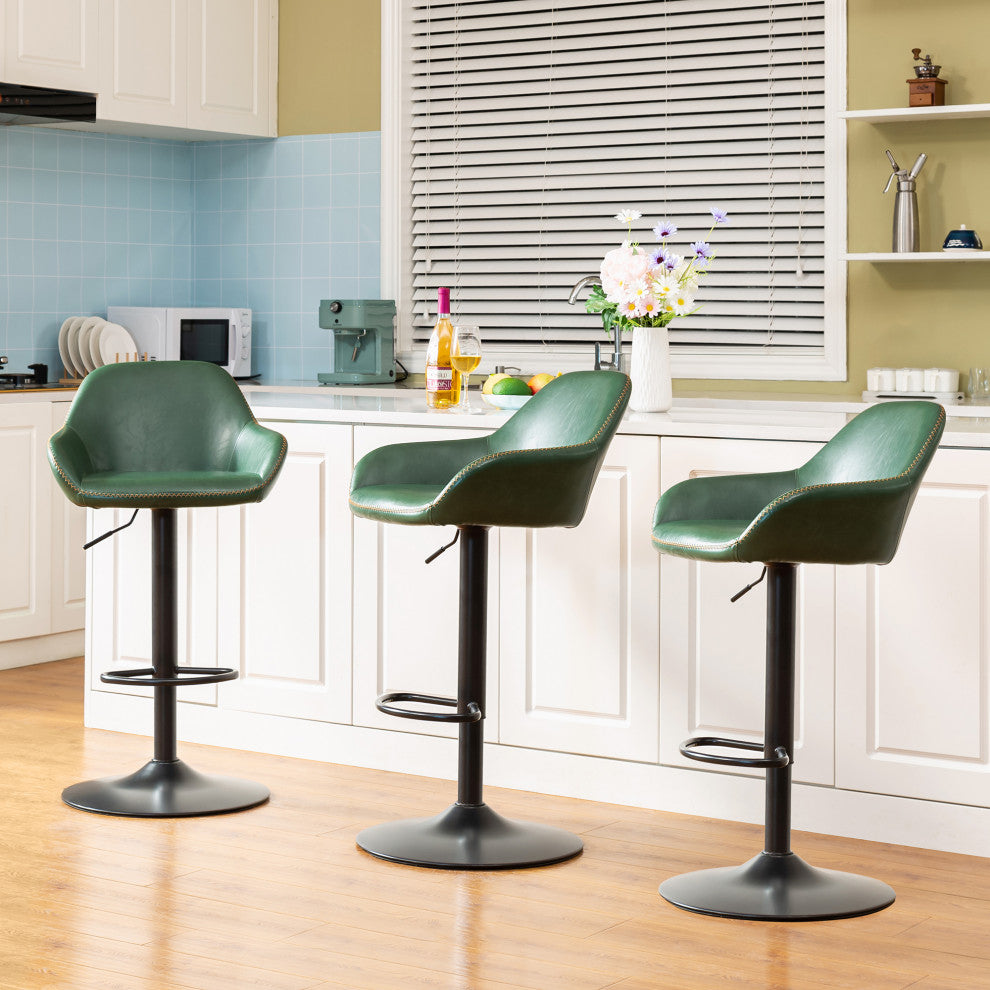 Set of 3 Adjustable Swivel Bar Stool, Hunter Green