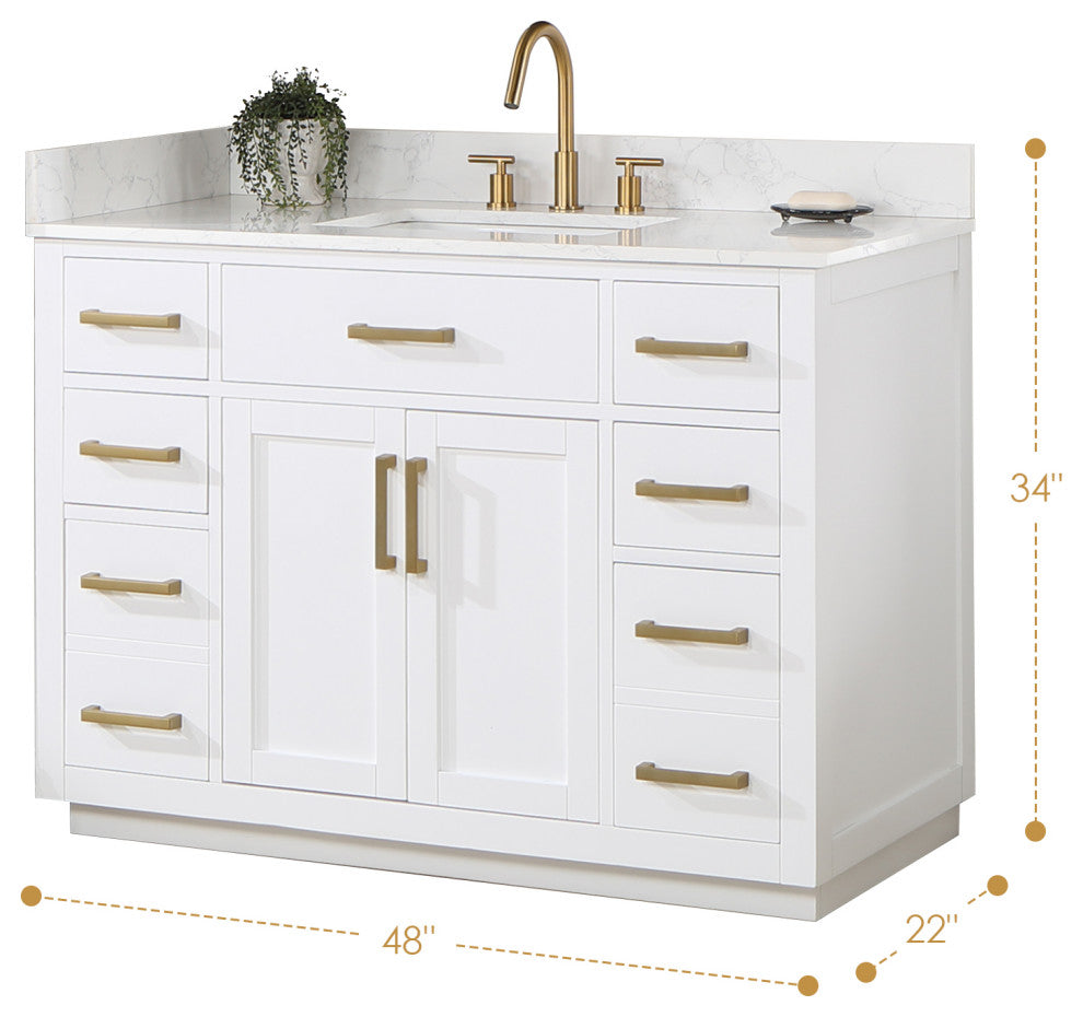 Gavino Vanity With Grain White Composite Stone Top, White/Brushed Gold, 48", With Mirror