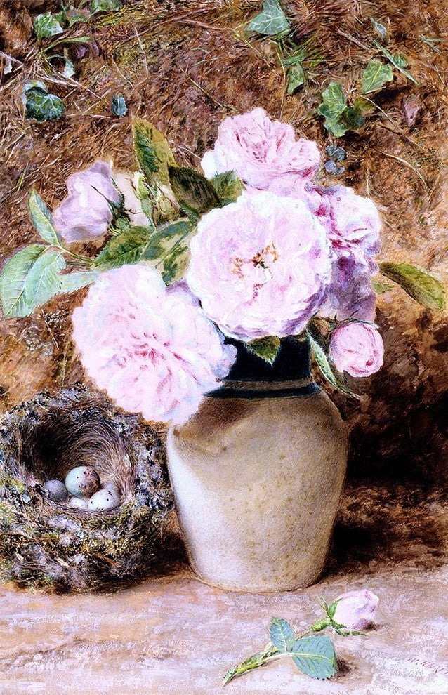 William Henry Hunt Still Life with Roses in a Vase and a Birds NestPrint