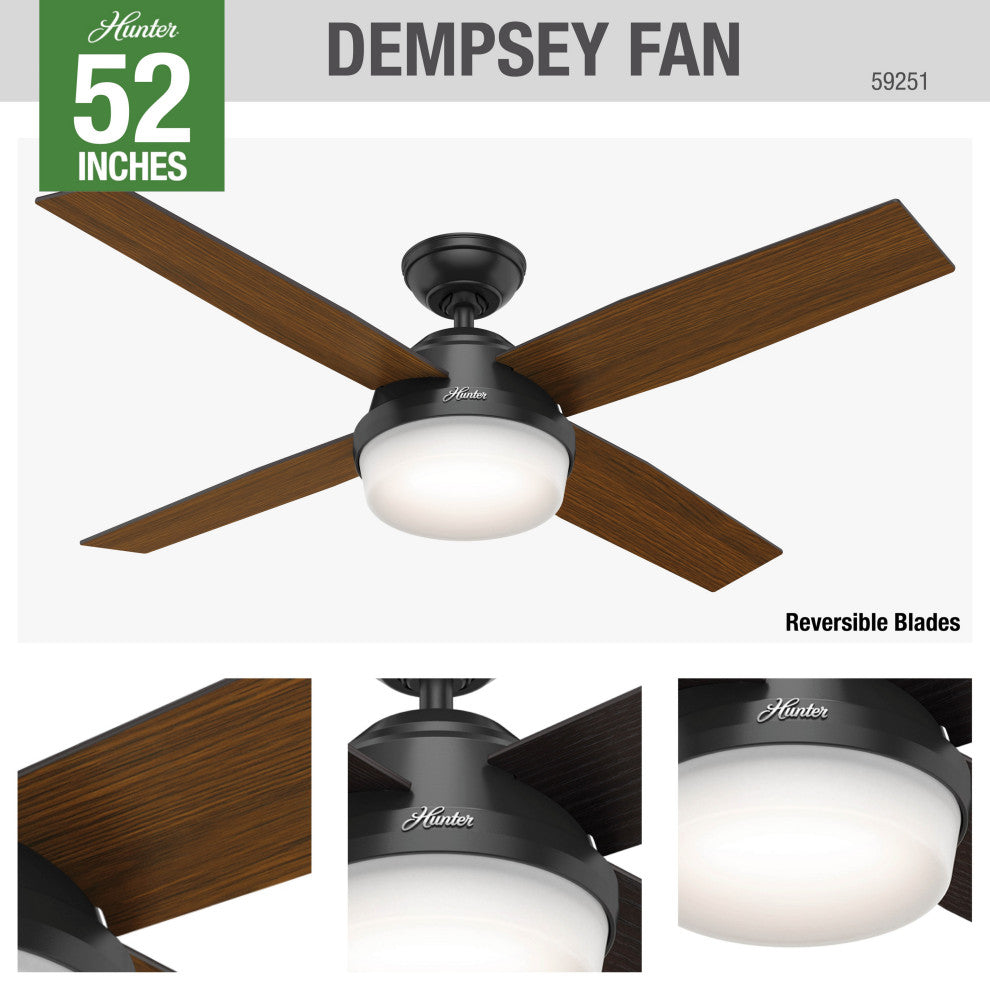 Hunter Fan Company 52" Dempsey Damp Matte Black Ceiling Fan With Light/Remote