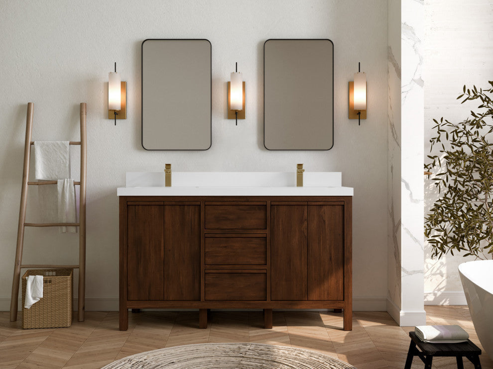 Elizabeth 60 Double Bathroom Vanity in Dark Walnut Teak 2" White Quartz