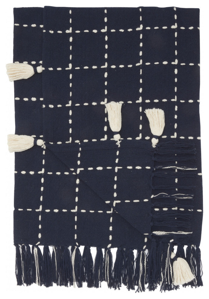 Navy and White Stitched Square Pattern Cotton Throw Blanket