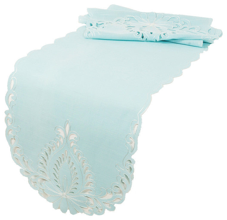 Wilshire Embroidered Cutwork Table Runner, Blue, 16"x 70"
