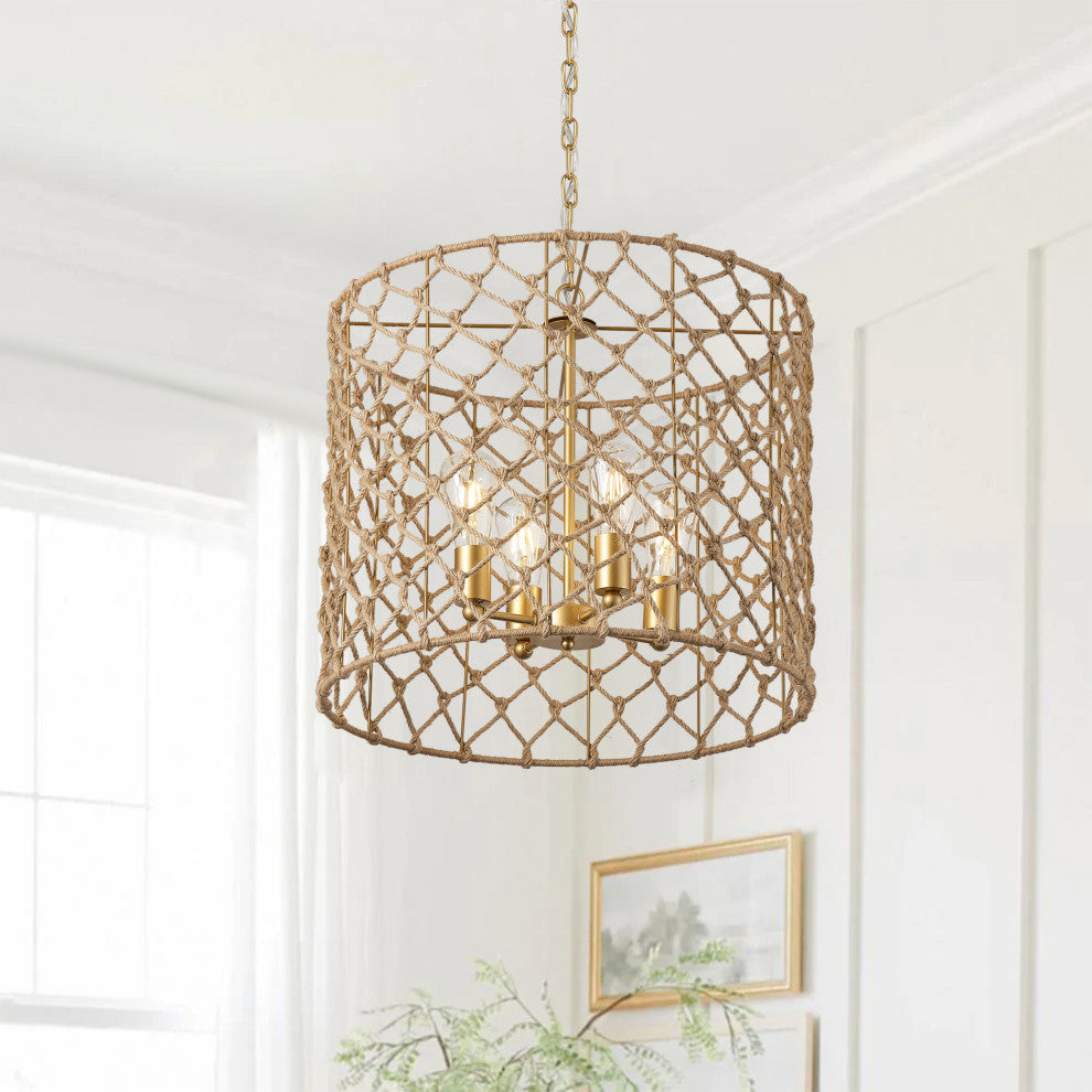 Gold 4-Light Adjustable Pendant Light Fixture With Hemp Rope Woven Craft