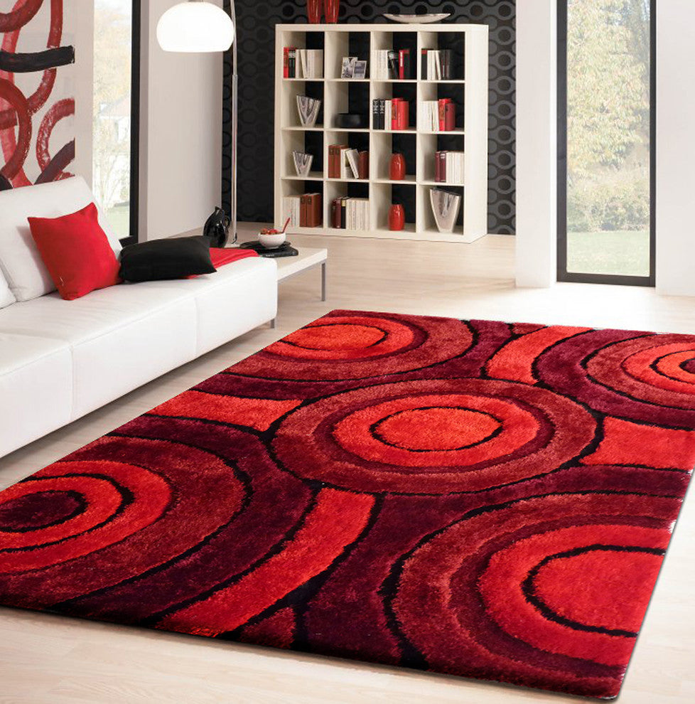 Geometric Shaggy Design Red Hand-Tufted Area Rug, 5'x7'