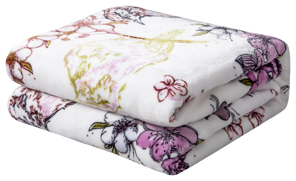 Blossoming Wonderland Floral Birds Soft Plush Fleece Throw Blanket, 90"x90"