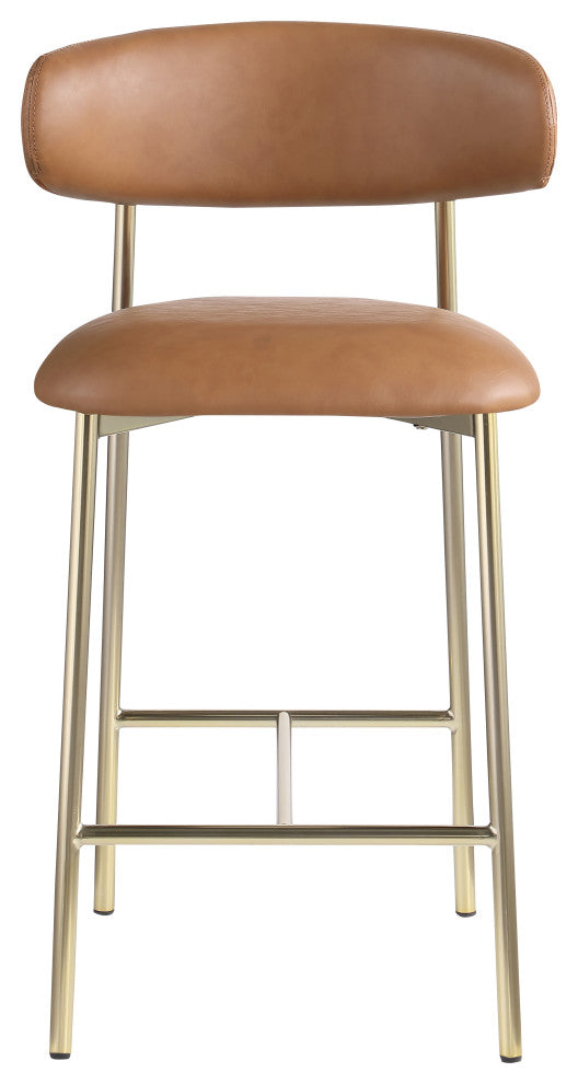 Lupita Upholstered Counter Stool, Cognac, Vegan Leather, Brushed Gold, Set of 2
