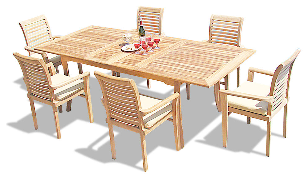 7-Piece Outdoor Teak Dining Set: 94" Rectangle Table, 6 Mas Stacking Arm Chairs