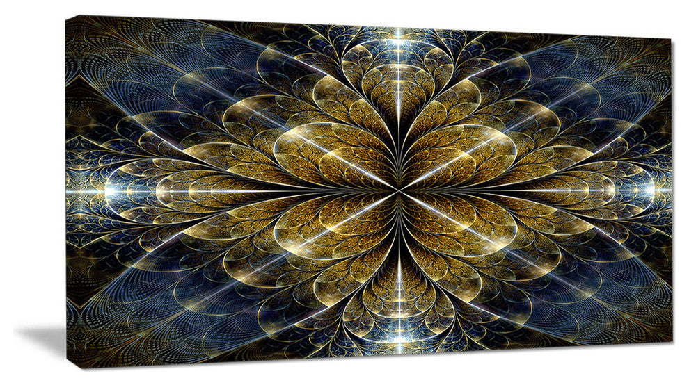 Digital Gold Fractal Flower Pattern, Oversized Abstract Canvas Art Print, 60x28