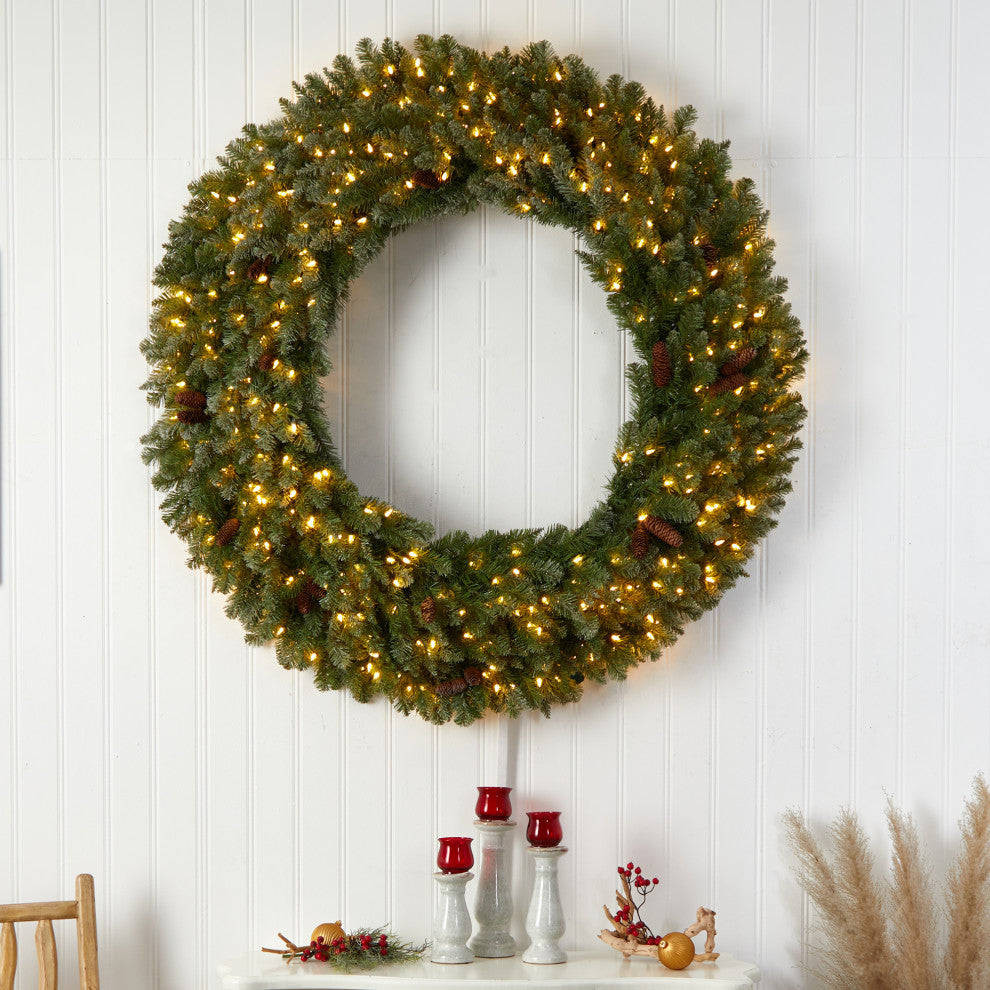 5' Flocked Faux Xmas Wreath W/Pinecones, Clear LED Lights & Bendable Branches