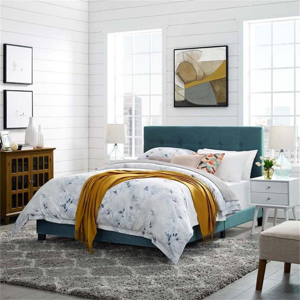 Sea Blue Amira Queen Performance Velvet Bed