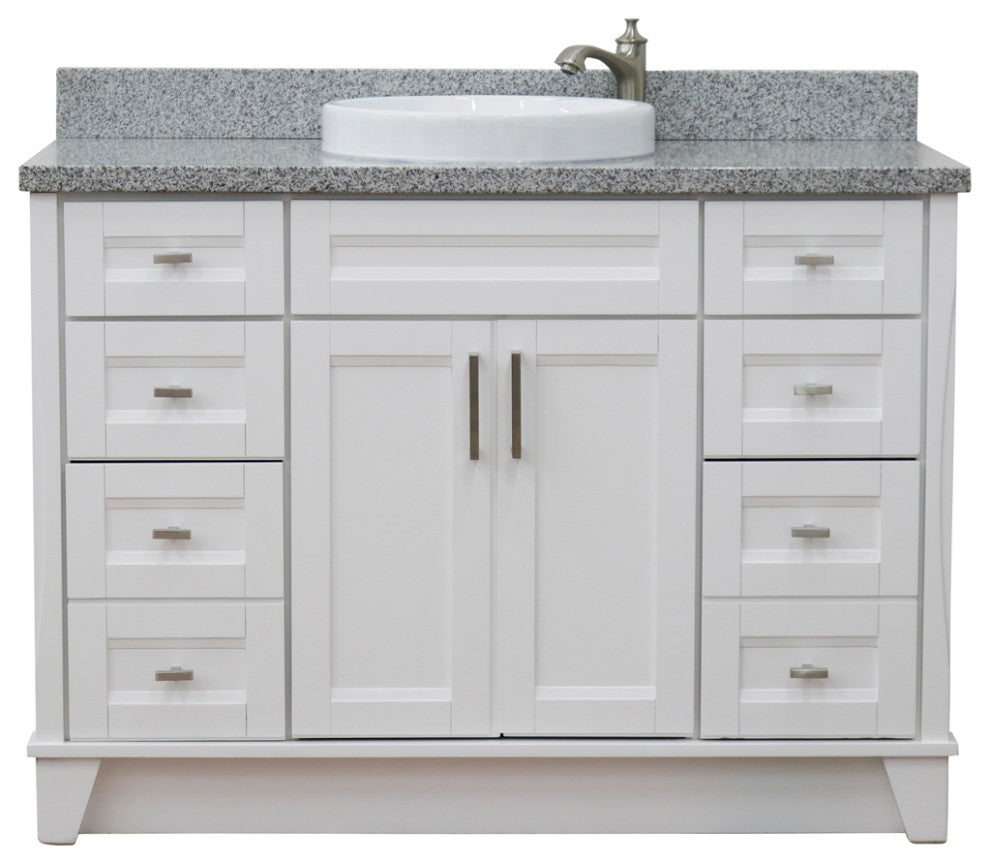 49" Single Sink Vanity, White Finish With Gray Granite And Round Sink