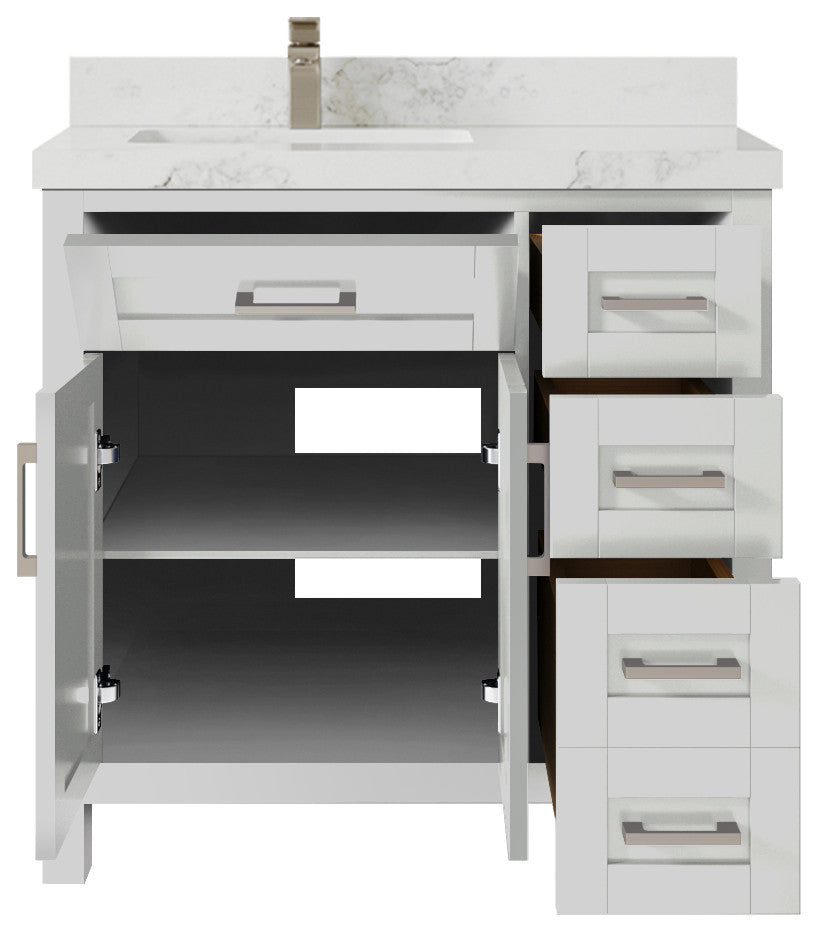 Cambridge 36 Left Offset Bath Vanity in Coventry Gray 2" Calacatta Nuvo