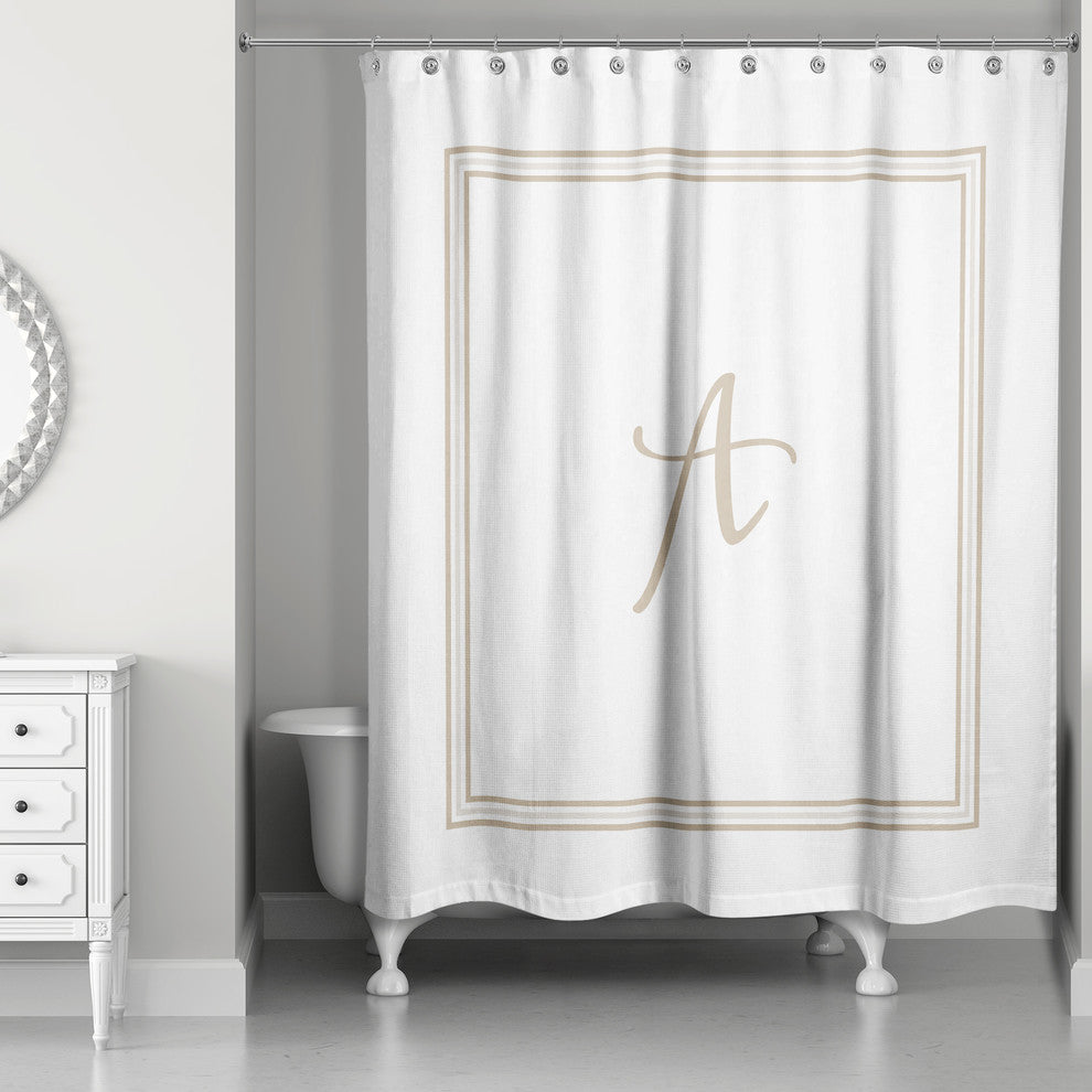 Beige and White Monogrammed Shower Curtain, A