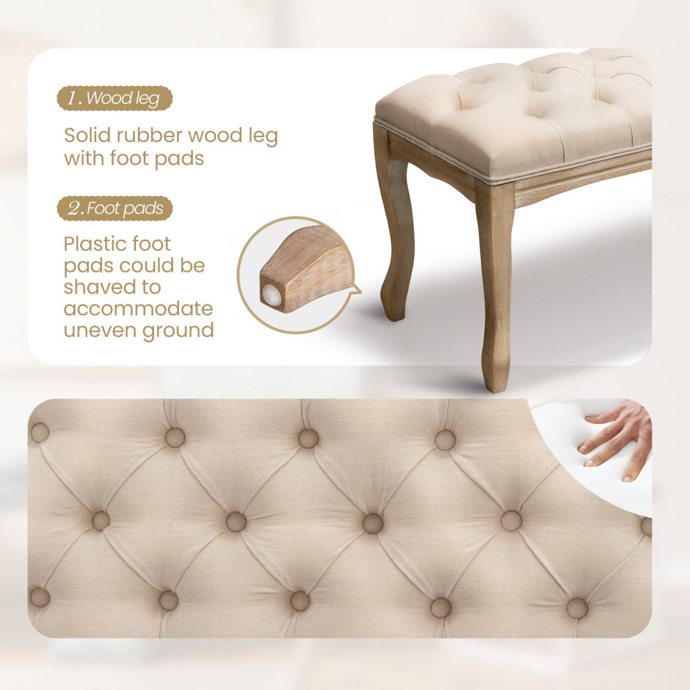 Wood Bench, Upholstered Ottoman, Tufted Bedroom Bench, Beige