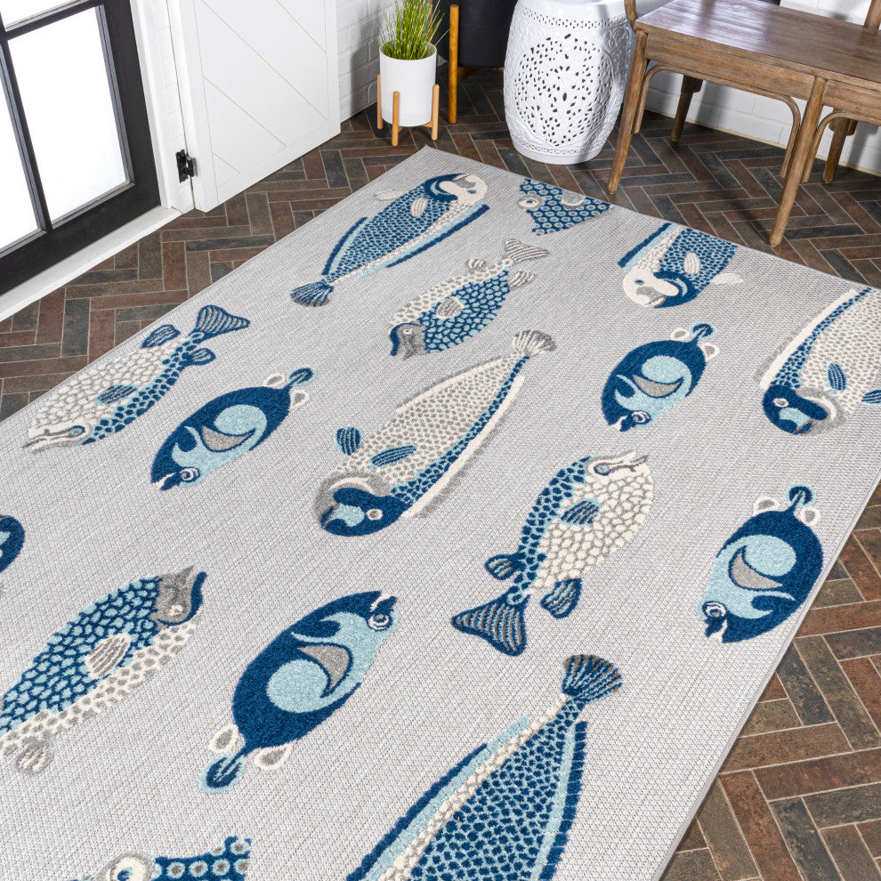 Algarve Modern Fish High-Low Indoor/Outdoor Area Rug, Gray/Navy, 5 X 8
