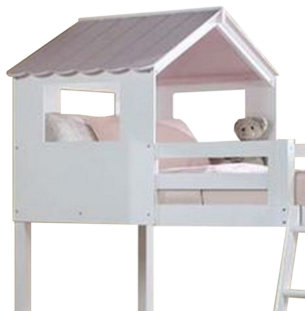 Benzara BM269543 Twin Over Twin Bunk Bed, Fixed Ladder & Pitched Top Roof, White