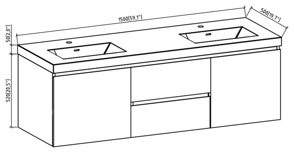 60" Wall-Mounted 2-drawer Bathroom Vanity Set with Integrated Double Sink, Gray Oak