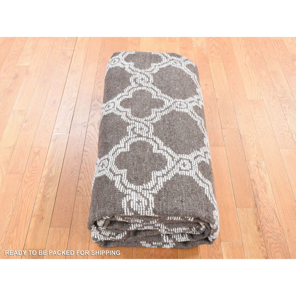 Ivory and Gray, Soft Wool, Hand Knotted, High and Lo Pile Rug, 9'3"x11'7"