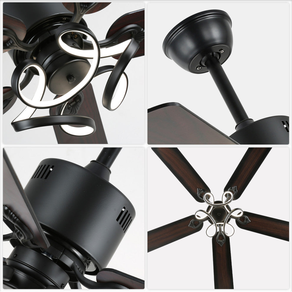 52" Modern Ceiling Fan with 5 Reversible Blades, Remote and LED Light, Black