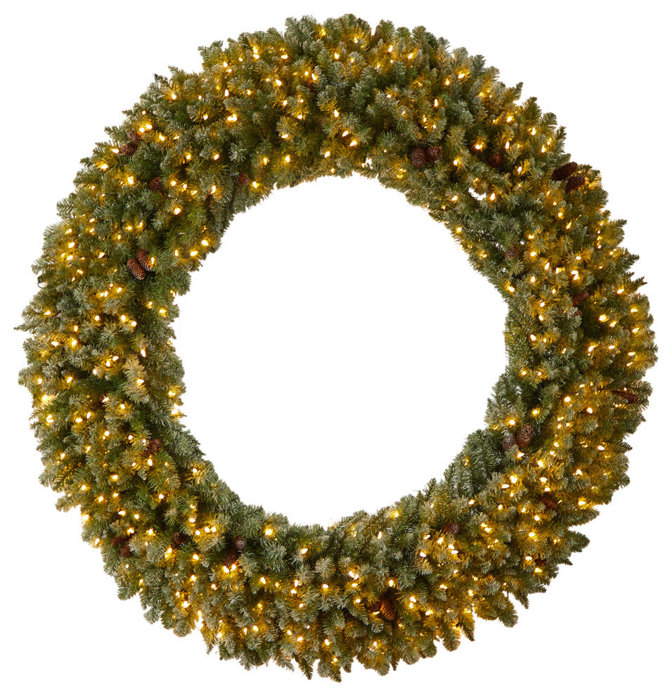 6' Giant Flocked Artificial Christmas Wreath With Pinecones, 400 Clear LEDs