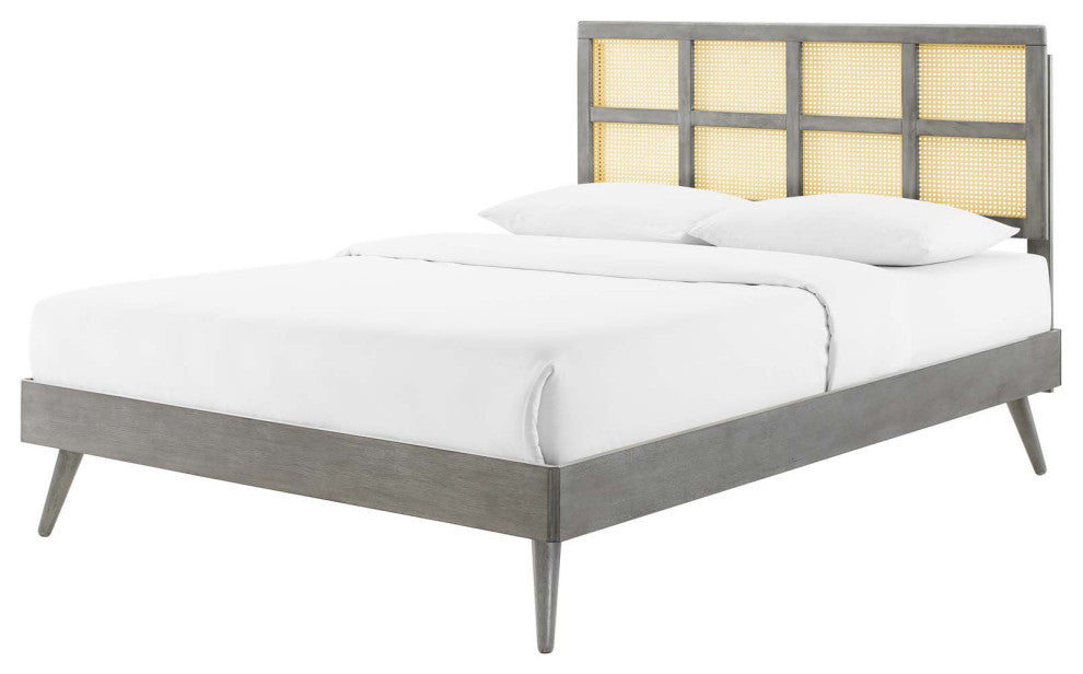 Platform Bed Frame, Full Size, Wood, Gray, Modern Mid-Century, Bedroom