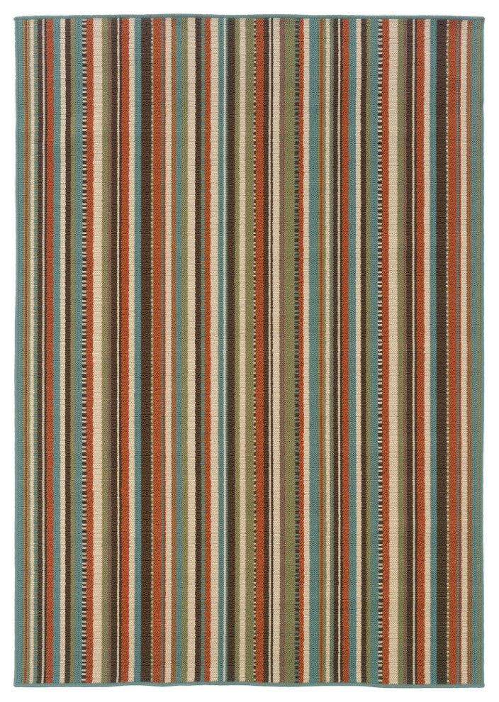 7??10??Green And Brown Striped Indoor Outdoor Area Rug
