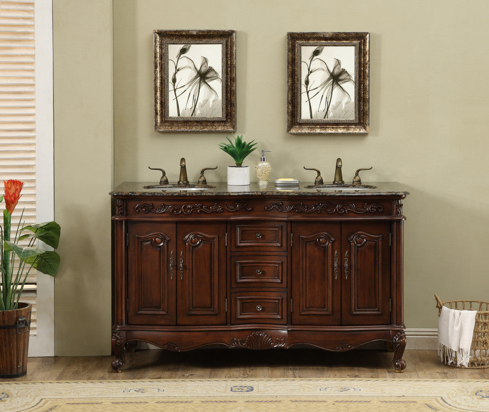 Cassandra 60" Dark Cherry Double Sink Bathroom Vanity, Baltic Brown Granite Top