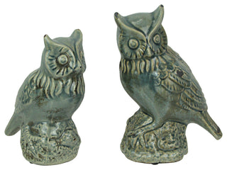 Grey Crackle Finish Set of 2 Ceramic Owl Statues