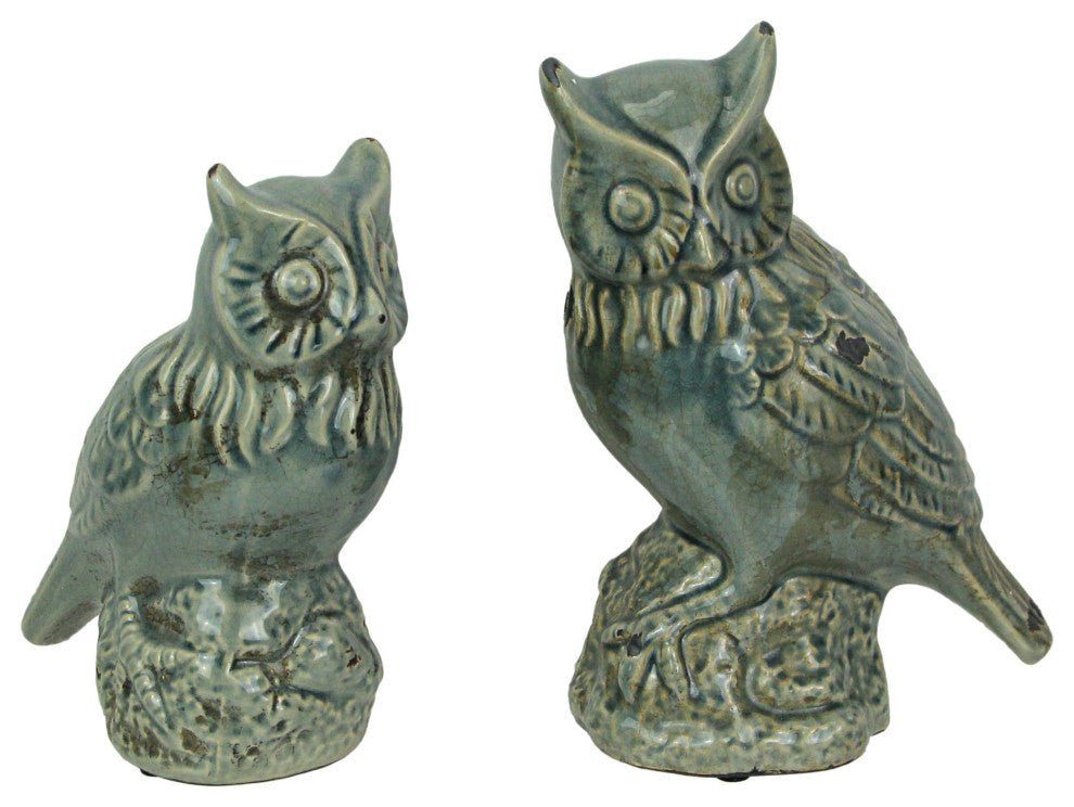 Grey Crackle Finish Set of 2 Ceramic Owl Statues