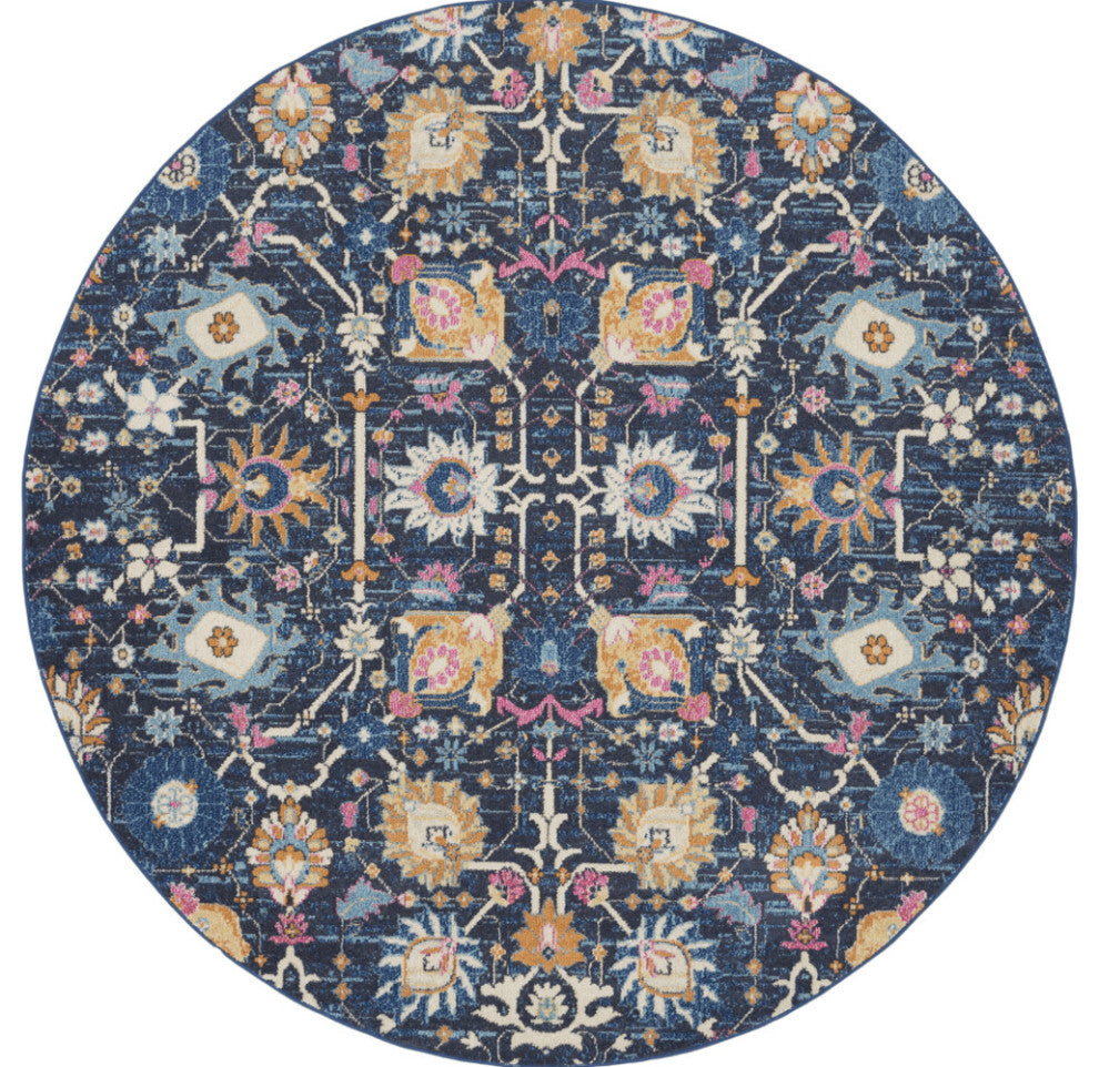 8' Navy Blue Round Floral Power Loom Area Rug