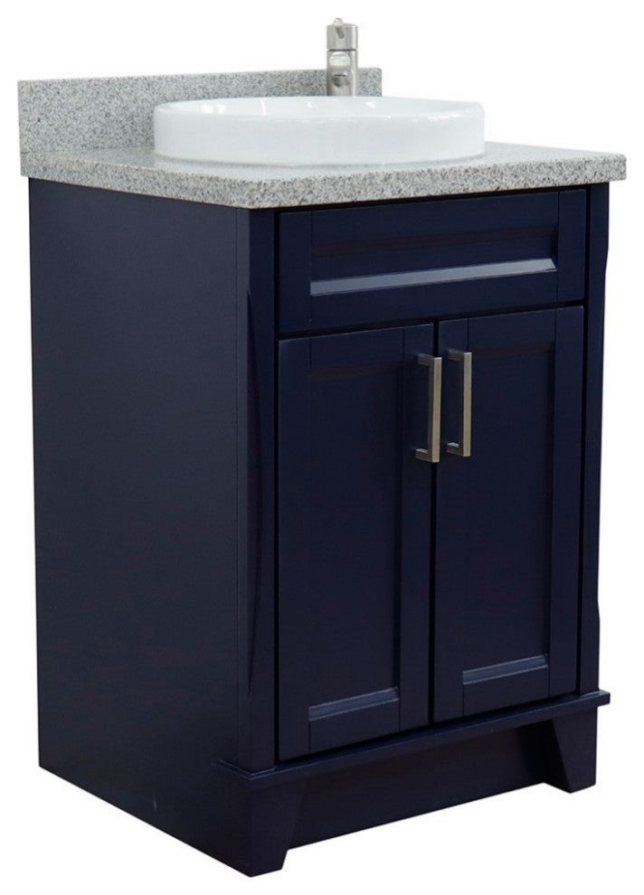 25" Single Sink Vanity, Blue Finish With Gray Granite And Round Sink