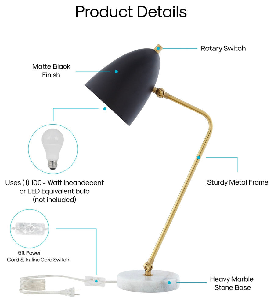 Inspired Home Gracey Table Lamp, Marble Stone Base, Black