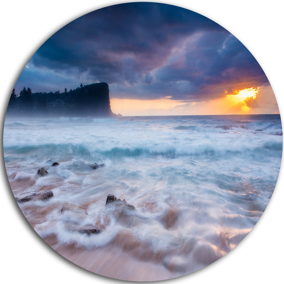 Incredible Sunset With White Waves, Seashore Round Metal Wall Art, 23"