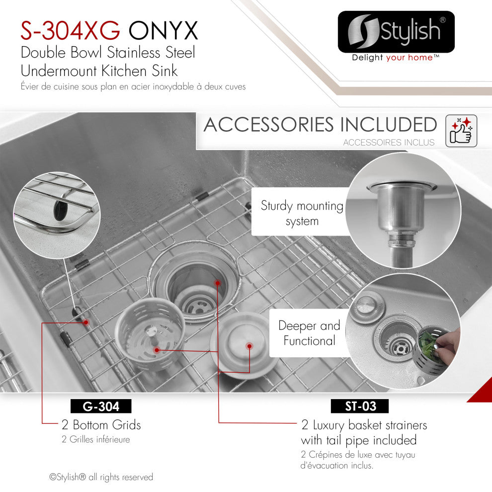 STYLISH 30" Double Basin Undermount 16G Stainless Steel Kitchen Sink With Grids