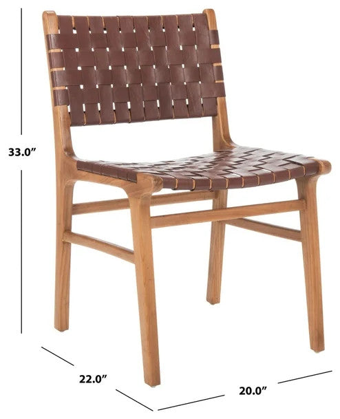 Set of 2 Woven Leather Dining Chairs with Sungkai Wood Frame, Cognac/Natural
