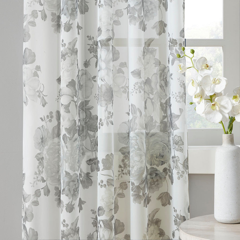 Madison Park Simone Printed Floral Rod Pocket and Back Tab Voile Sheer Curtain