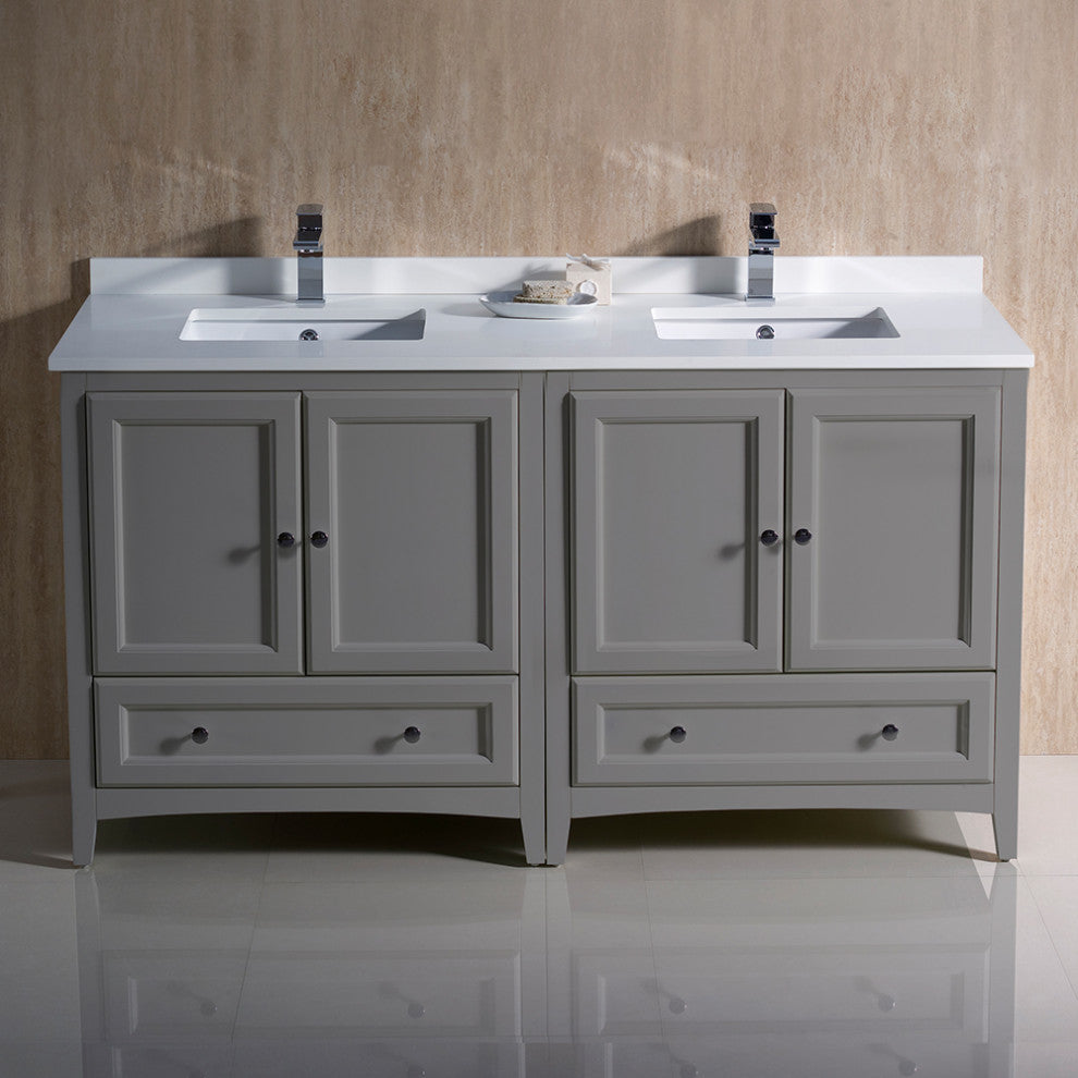 Oxford Double Sink Bathroom Cabinets With Top and Sinks, Gray, 60"