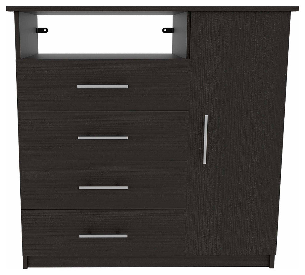 Carolina 4-Drawer Dresser with Single Door Cabinet and Open Shelf, Black