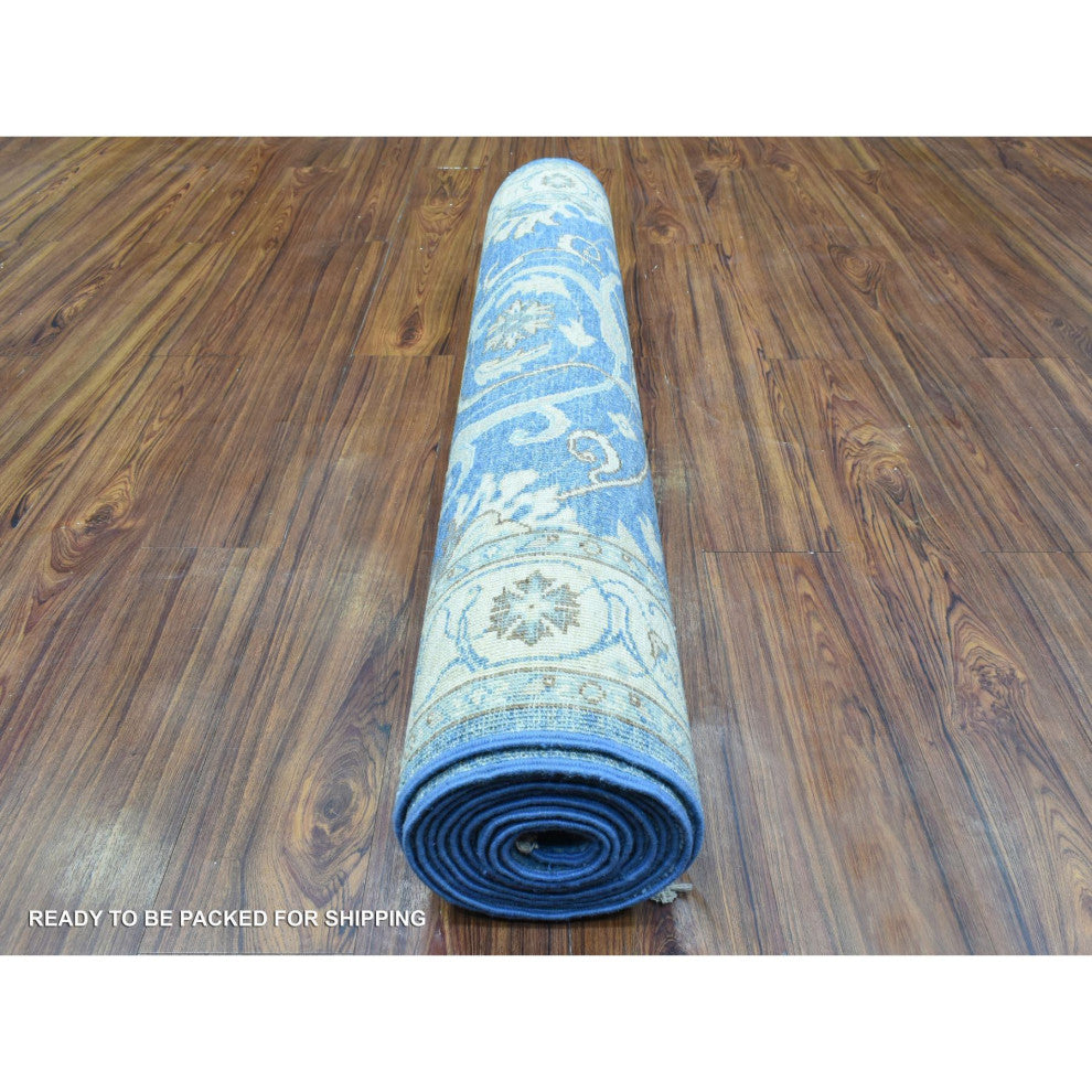 Sapphire Blue Fine Peshawar Soft Wool Hand Knotted Wide Runner Rug, 3'9"x13'3"